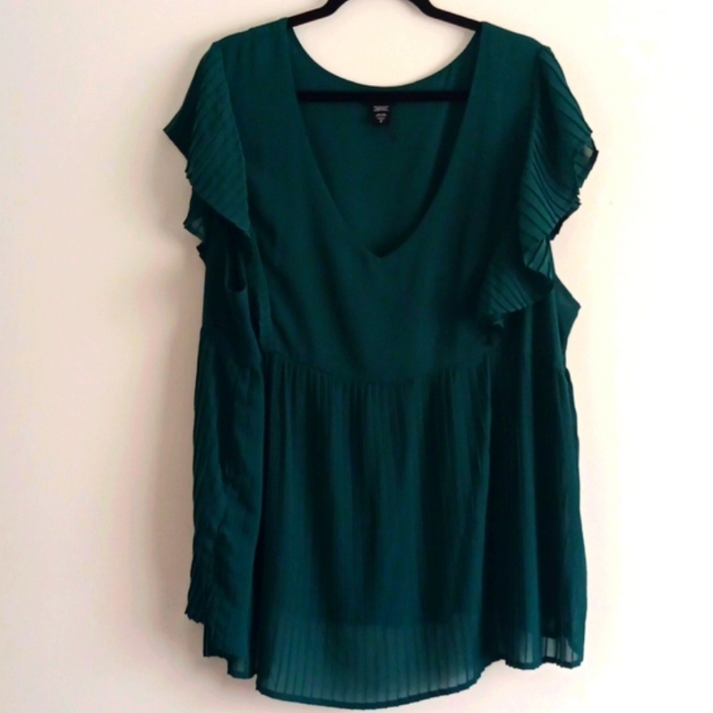 Teal V-Neck Pleated Flutter Sleeve Women's Top - Picture 6 of 7